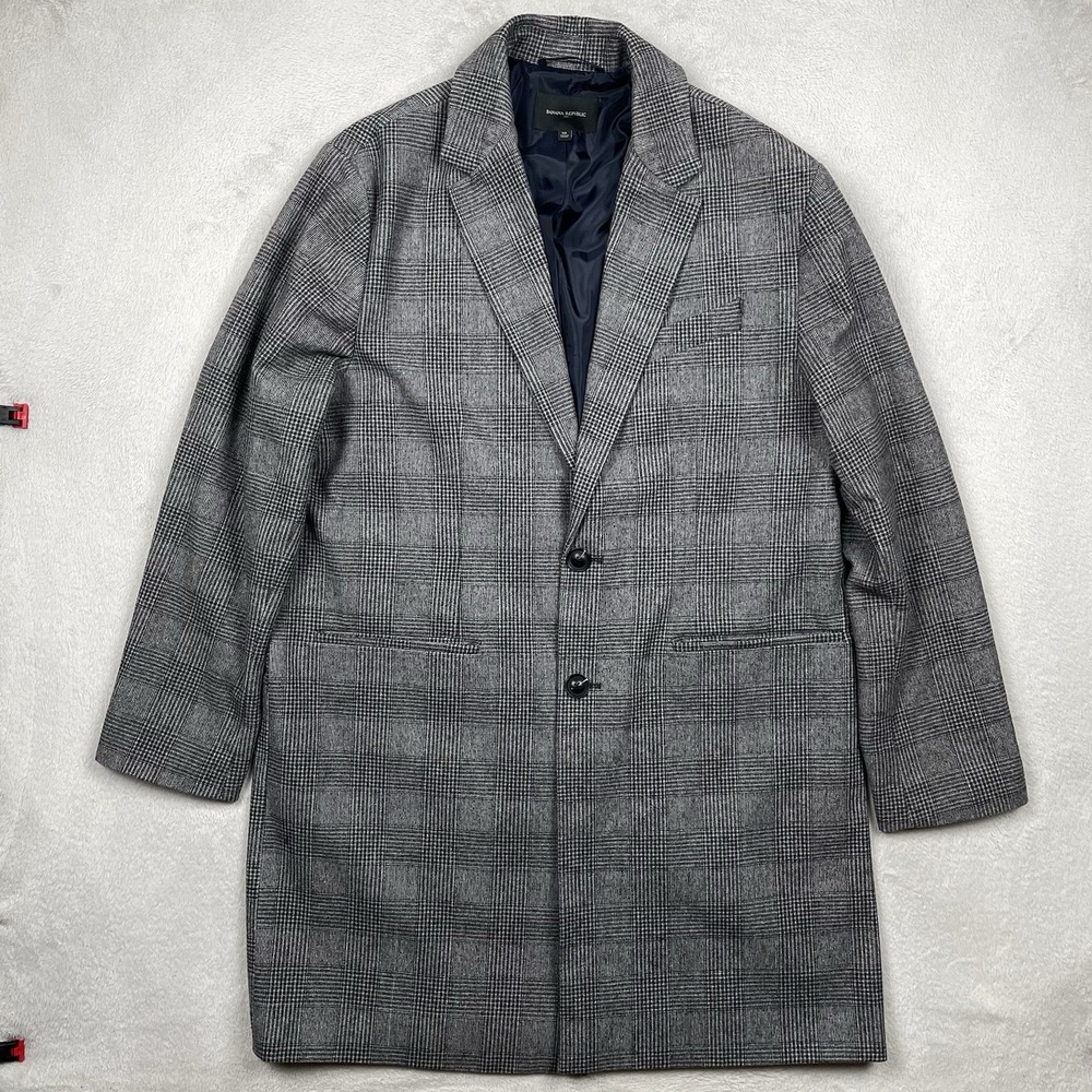 Banana Republic OverCoat Mens XL Gray Plaid Wool Blend Preppy Formal Lined